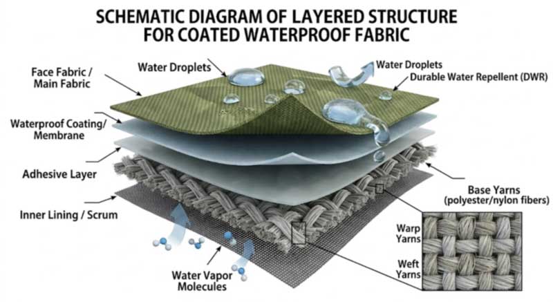Layered structure of a coated waterproof fabric showing base yarn and coating