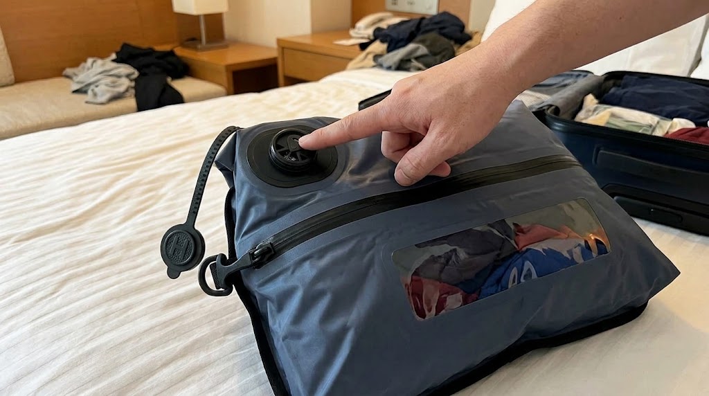 Travel vacuum bag with built-in electric pump compressing clothes, digital countdown display lit